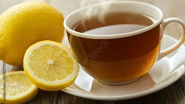 Fototapeta Aromatic lemon infusion with steaming cup of tea on wooden surface
