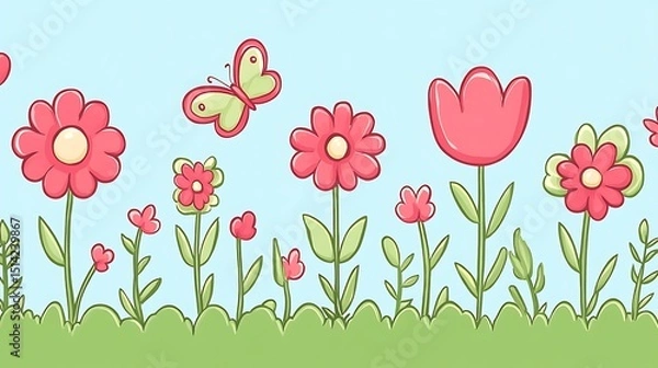 Fototapeta Delightful cartoon field landscape illustration with whimsical flowers and butterfly