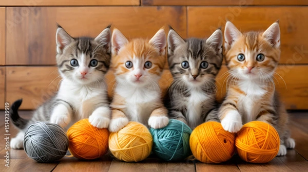 Obraz Kittens playing with yarn balls, five adorable kittens, orange, gray, and tabby fur, engaging with colorful yarn, wooden floor background