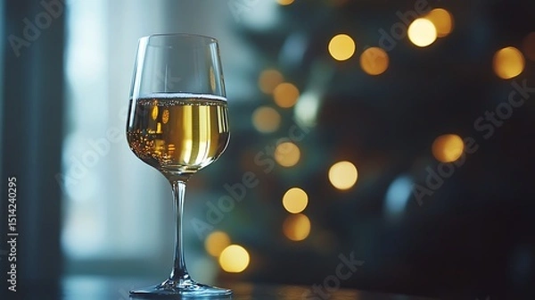 Fototapeta Elegant champagne flute against a festive golden bokeh background, celebration moment