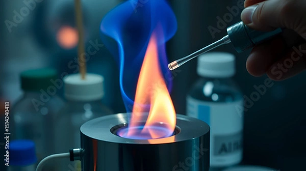 Obraz Microbiological inoculation loop being sterilized in flame of alcohol bunsen burner in biological safety cabinet.