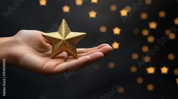 Fototapeta Elegant gold star on palm over dark starry bokeh background concept