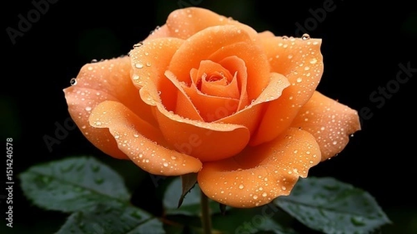 Fototapeta Elegant peach rose adorned with glistening droplets against dark backdrop