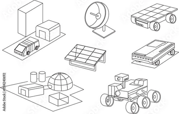 Obraz Line art set of robots and equipment for space research and space stations