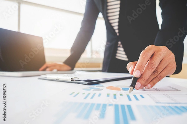Fototapeta Business concept. Business people discussing the charts and graphs showing the results of their successful teamwork.