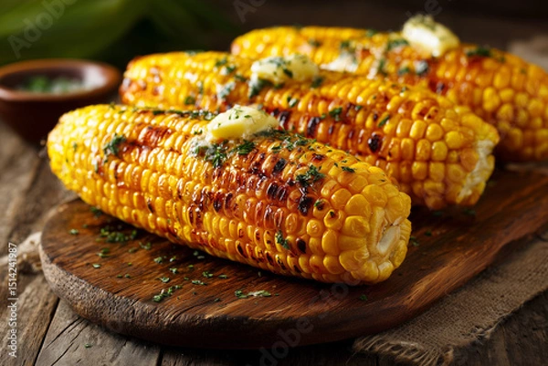 Fototapeta Close-up photo of perfectly roasted corn on the cob, served on a rustic wooden plate. The corn is golden brown with slight char marks, garnished with butter and herbs.