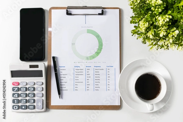 Obraz Business office desk board working concept, work desk top view ,desk with black coffee cup