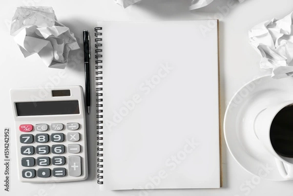 Obraz Blank white notebook with crumpled paper on white table with calculator and coffee cup ,for mockup white notebook to put text graphic design