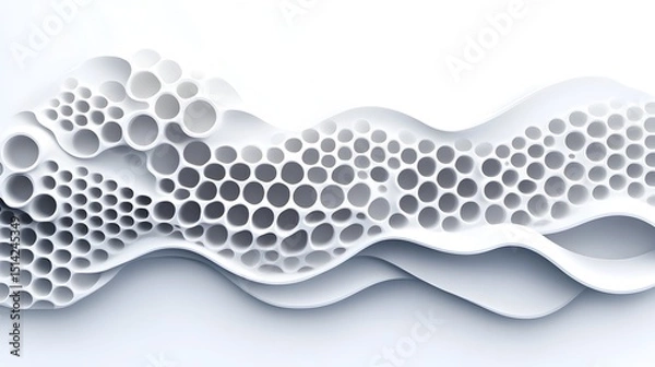 Fototapeta Abstract white undulating form with repeating circular negative space patterns creating a textured, three-dimensional wave-like effect