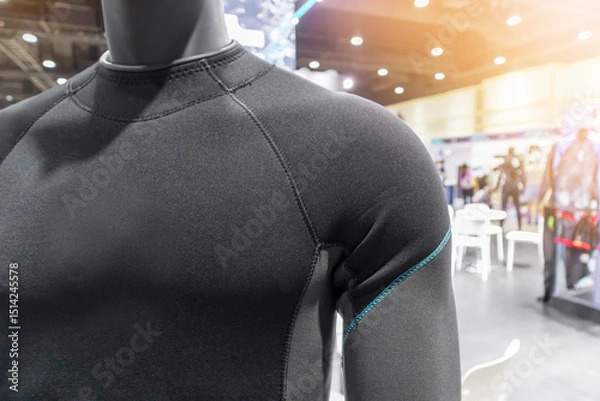 Obraz A diving or scuba diving suit is worn on a mannequin in a shop, with a perspective that emphasizes the torso and shoulders.