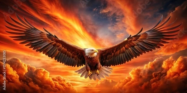 Fototapeta Regal eagle spreads majestic wings against a fiery sky backdrop with feathers ablaze in shades of orange and red, soaring bird, majestic eagle