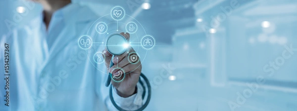 Obraz Doctor use stethoscope with icon medical healthcare for diagnosis, care, and increasing accuracy patient treatment in future. Medical research and development to improve patient health.
