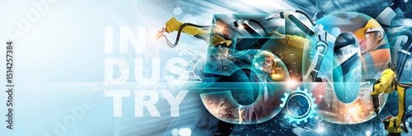 Obraz Industry 5.0 concept, Ai technology for Smart factory, Engineer check and control welding robotics automatic arms machine with intelligent software, Industrial Automation robot, Digital manufacturing 
