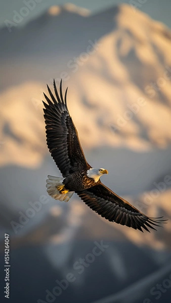 Fototapeta A slow-motion IMAX documentary frame of a bald eagle soaring over snow-capped mountains