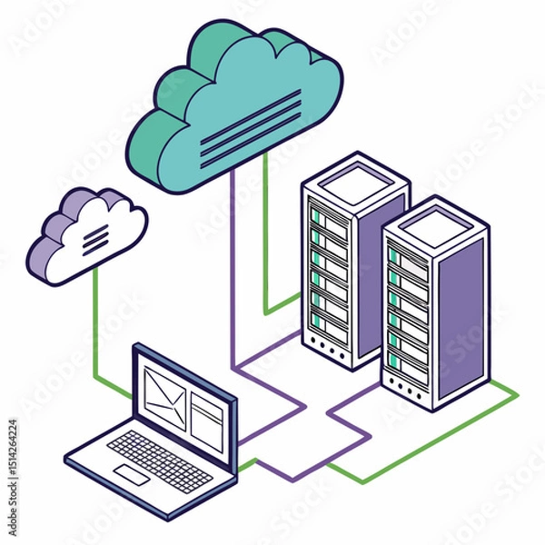 Fototapeta Cloud computing network laptop servers data center professional design element