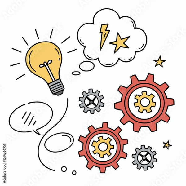 Fototapeta Bright idea gears innovation creativity teamwork solution