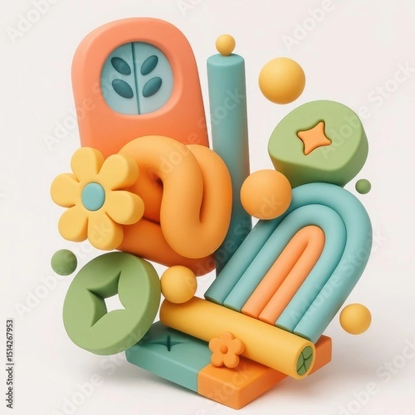 Obraz Abstract 3D Pastel Shapes and Flowers Composition