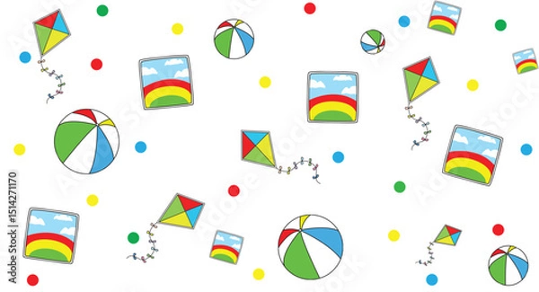 Fototapeta Colorful Summer Pattern Vector with Kites, Beach Balls, and Dots in Flat Cartoon Style for Kids Activities and Party Designs