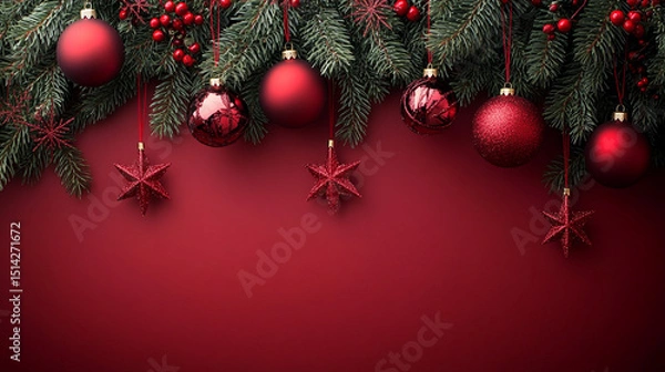Obraz Festive Christmas spirit with glittering red ornaments and pine garland creating a cozy holiday atmosphere with a deep