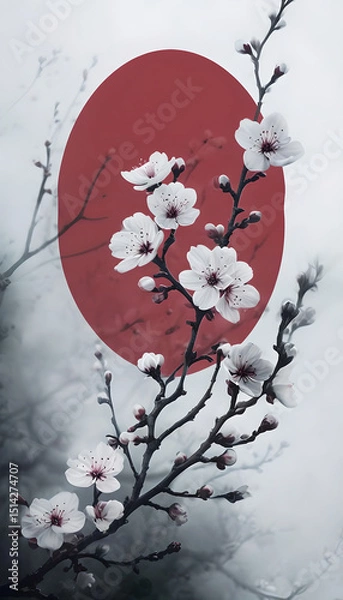 Fototapeta Cherry Blossom Branch Against Vaporous Background With Focal Red Oval