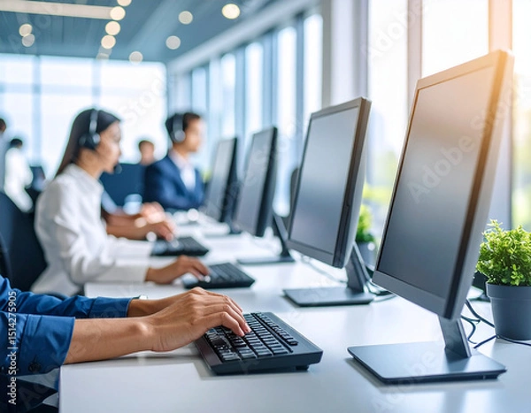 Fototapeta Modern Call Center Service Concept – Professional Customer Support Agents with Headsets in Office Environment, Ideal for Business Communication, Technical Assistance, and Remote Helpdesk Solutions