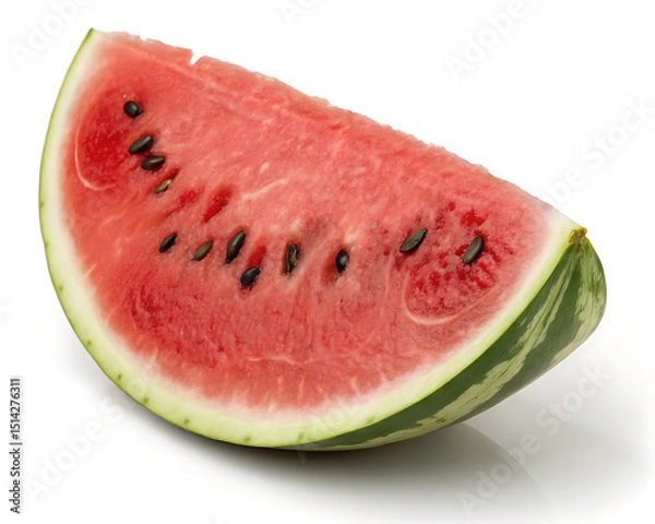 Fototapeta A close up view of a watermelon slice with seeds on a white background in a studio setting