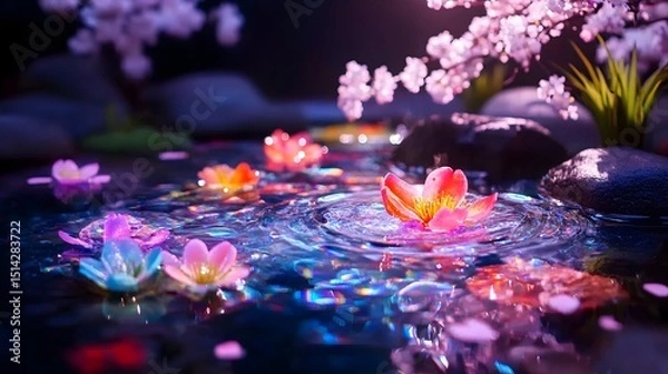 Fototapeta Serene night scene luminous blossoms float on a dark, shimmering pond under a blossoming tree