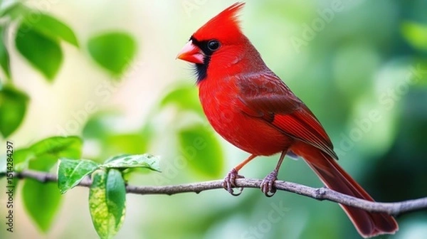 Fototapeta Vibrant red bird perched on branch
