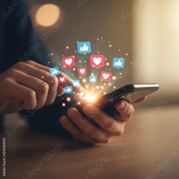 Fototapeta Receiving Social Media Love Close-Up of Hands Interacting with a Smartphone Displaying Floating Heart and Like Icons with a Warm Glow