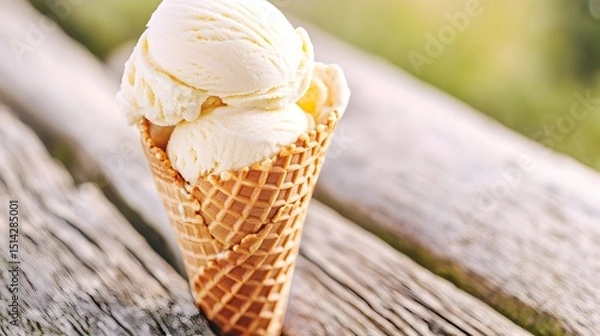 Fototapeta Two scoops of creamy vanilla ice cream in a waffle cone, resting on weathered wood outdoors