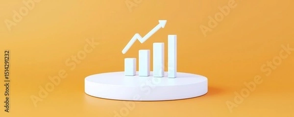 Obraz Minimalist bar graph with an upward arrow on a white pedestal against an orange background symbolizes growth and success.