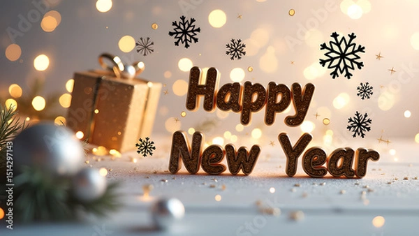 Fototapeta Festive Golden Happy New Year Text with Gift Box and Sparkling Lights Backdrop