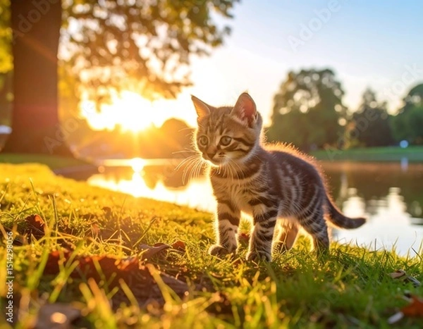 Obraz Cute kitten by pond at sunset
