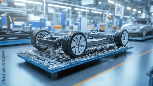 Fototapeta Factory with electric vehicle chassis being assembled on automated production lines