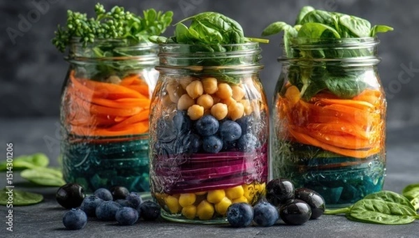Obraz Three mason jars filled with layered vibrant salads featuring carrots, chickpeas, blueberries, beetroot, and greens