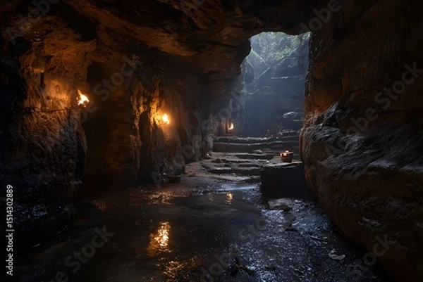 Obraz Mystic Underground Cave with Fire Torches
