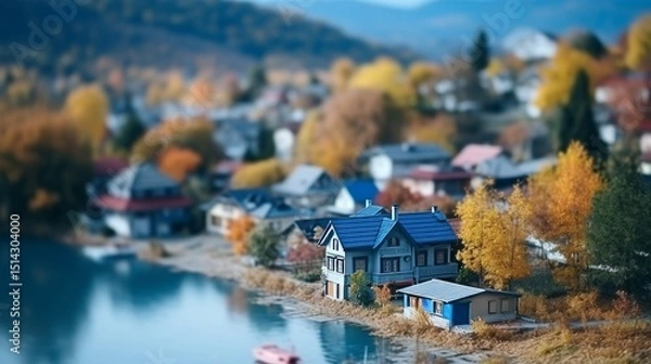 Fototapeta Minimalist close up of a house by a serene blue lake surrounded by majestic mountains