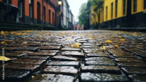 Fototapeta Evenly arranged paving stones glimmering with rainwater after a refreshing shower