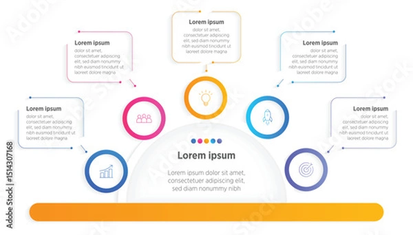 Fototapeta Modern Horizontal progress bar featuring 5 shaped elements, symbolizing the five stages of business strategy and progression. Clean timeline infographic design template. Vector for presentation