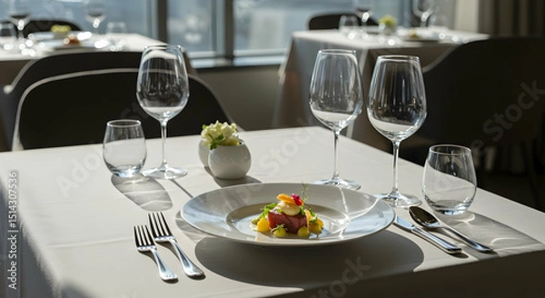 Fototapeta Elegant restaurant table setting with culinary dish