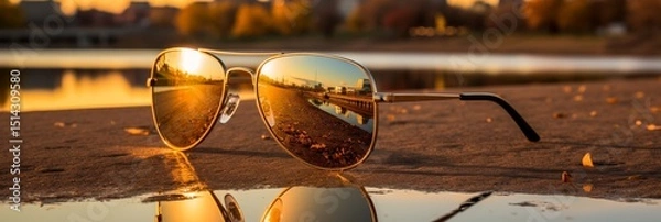 Fototapeta Gold aviator sunglasses capturing cityscape reflections at golden hour for a stunning view