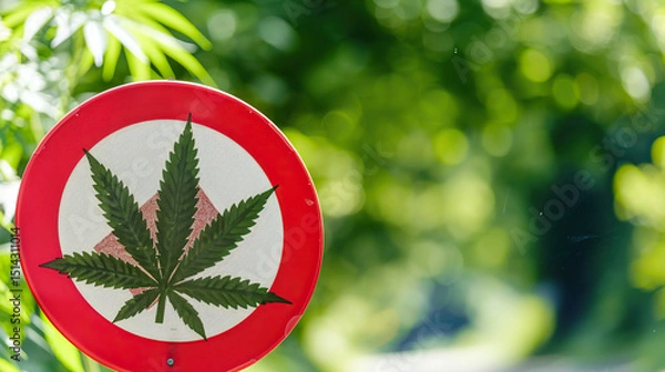 Obraz Close-up of red warning sign with cannabis leaf symbol, caution alert for marijuana and drug awareness, substance abuse prevention concept.