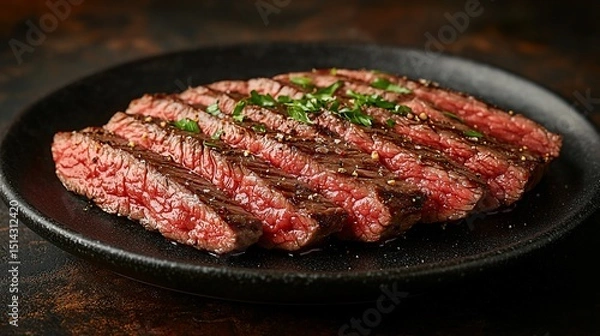 Fototapeta Sliced, juicy steak on black plate, garnished with herbs, cooked medium-rare