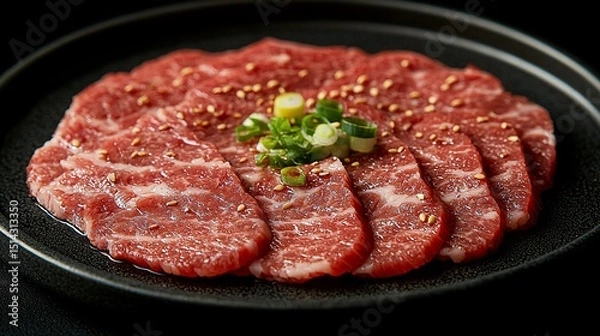 Fototapeta Sliced raw beef on a black plate, garnished with scallions and sesame seeds