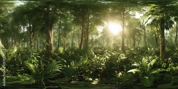 Fototapeta Exploring lush green jungle wilderness tropical forest 360 view nature