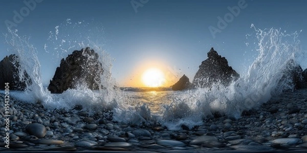 Obraz Ocean waves crash against rocky shore at sunset 360-degree view