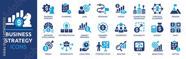 Obraz Business strategy icon set. Goal, vision, mission, planning, roadmap, business model, tactics, SWOT, competitive advantage, objectives and more. Solid vector icons collection.