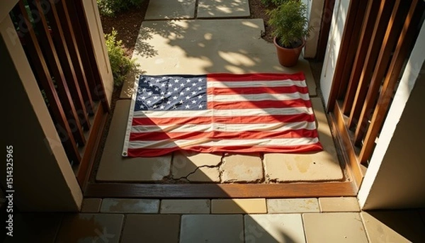 Obraz American flag laid out on porch entrance with sunlight and greenery  