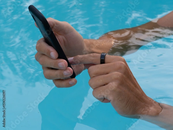 Fototapeta Hands in pool water wearing black smart ring health tracker and using smartphone app.