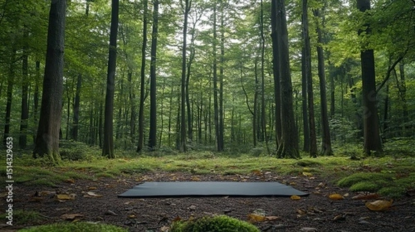 Obraz A solitary yoga mat awaiting peaceful practice amidst the towering trees of a serene forest bathed in dappled sunlight